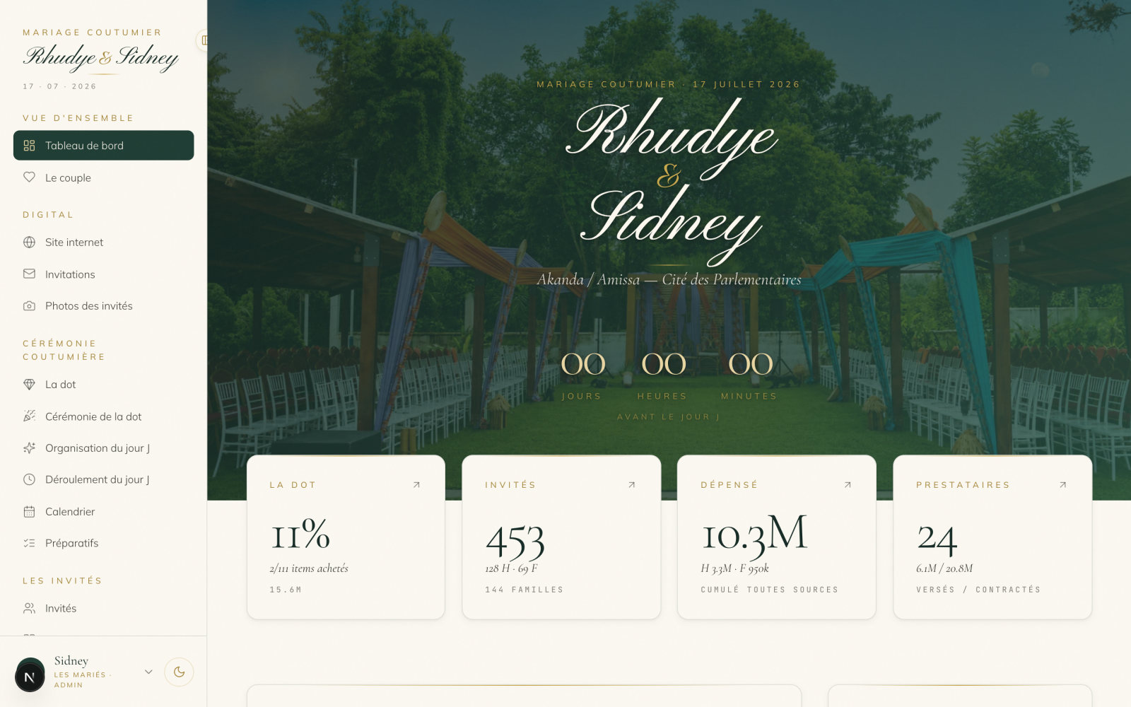 Tableau de bord de l'application : compte à rebours, dot, invités, budget