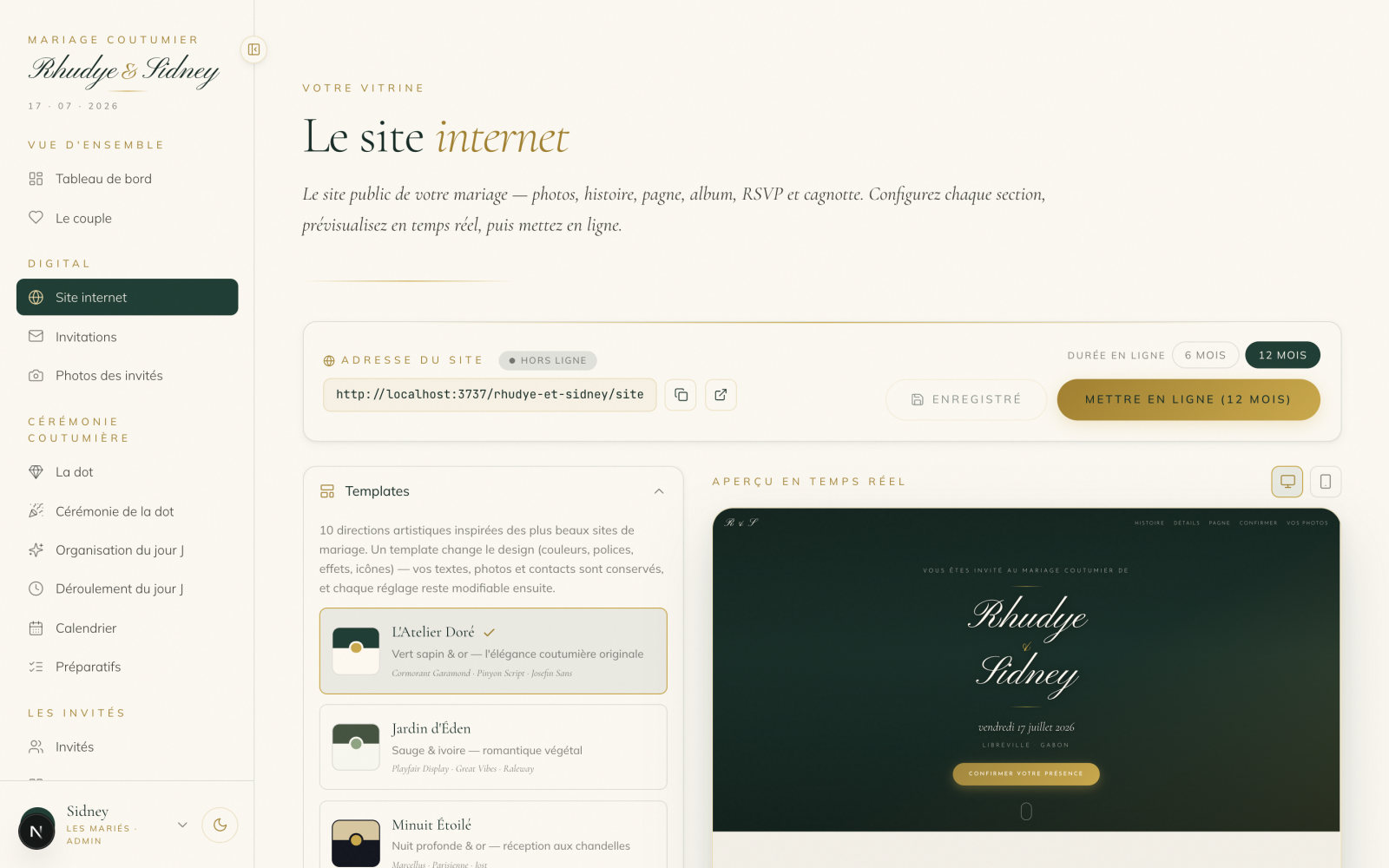 Éditeur du site de mariage avec aperçu en direct